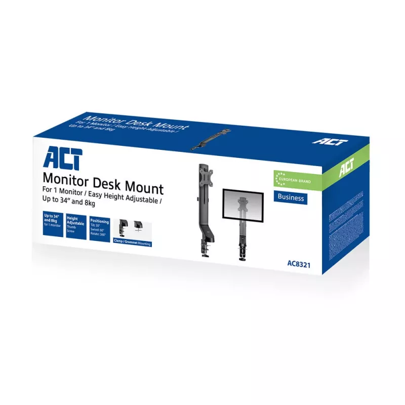 ACT AC8321 monitora roka vienkāršai augstuma regulēšanai ar skavu/caururbšanas stiprinājumu 8 kg