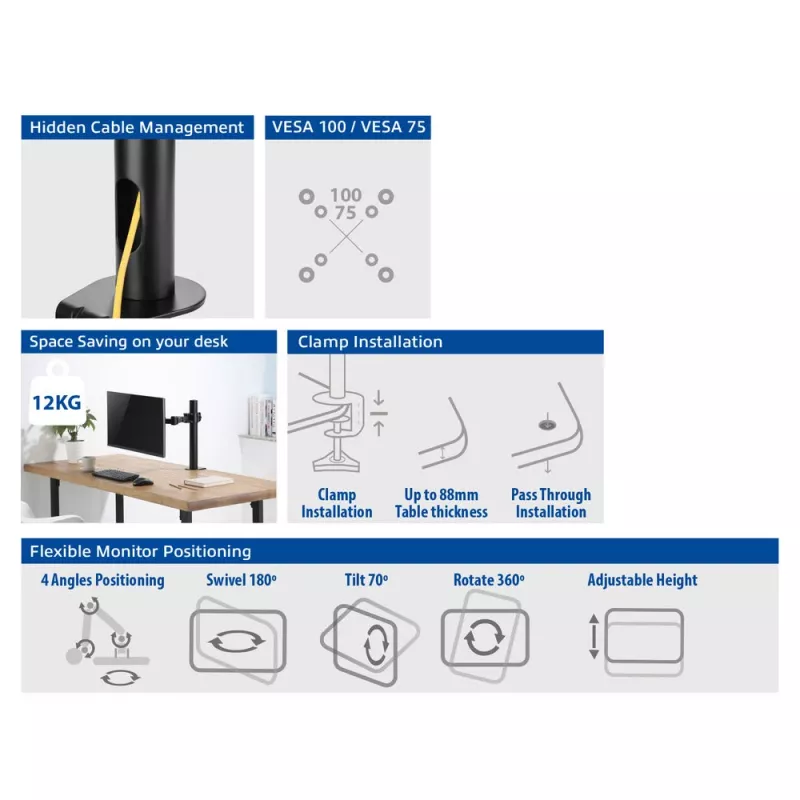 ACT viena monitora rokas stiprinājums office solid pro Clamp/Caurstiprinājums 12 kg 10-32 collas