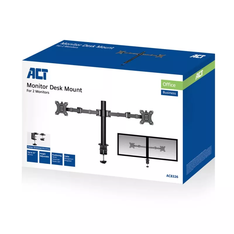 ACT Divu monitoru roka Office Solid Pro, skavu/caururbšanas stiprinājums, 12 kg, 10-32 collas