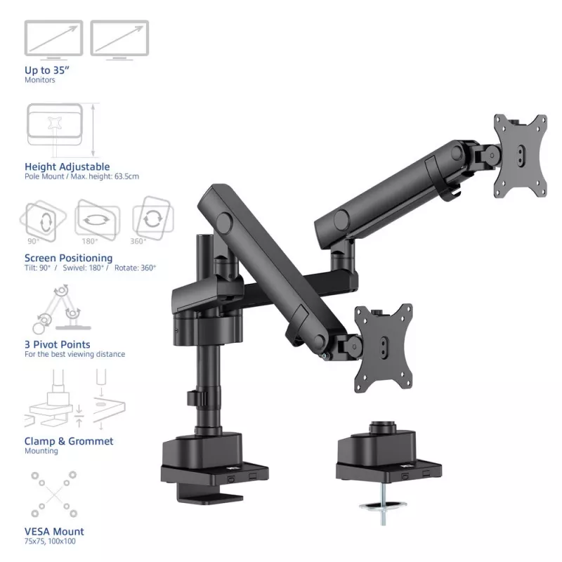 ACT Monitora roka 35 collu Solid Pro, mehāniskā atspere, 2 monitoriem