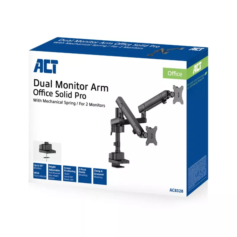 ACT Monitora roka 35 collu Solid Pro, mehāniskā atspere, 2 monitoriem