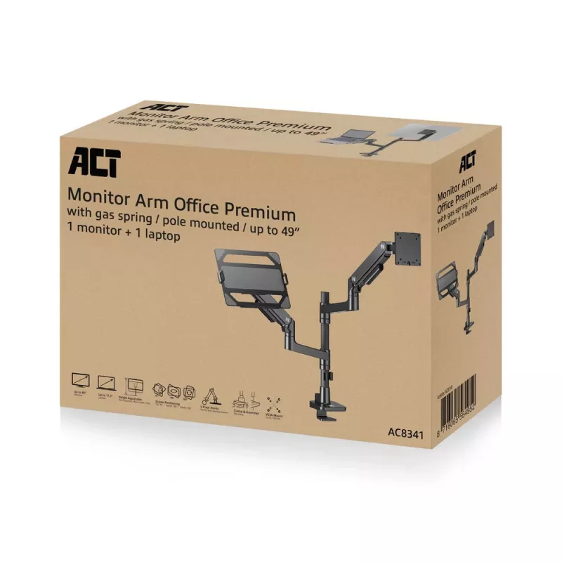 ACT AC8341 Laptop un monitora rokas stiprinājums ar gāzes atsperi, melns, līdz 49 collām