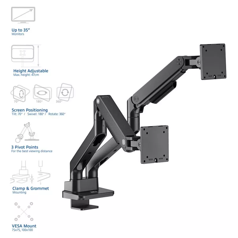 ACT monitora roka 35 collu biroja premium, gāzes atspere, 2 monitoriem