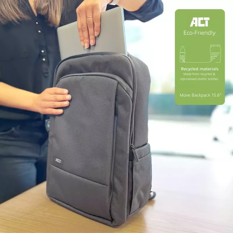 ACT Move AC8560 mugursoma klēpjdatoriem līdz 15.6 collām, pelēka, no pārstrādātām plastmasas pudelēm