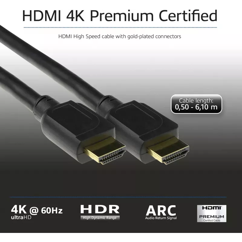 ACT 1,5 m HDMI High Speed Premium Certified kabelis v2.0 HDMI-A vīriešu - HDMI-A vīriešu