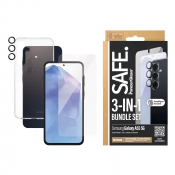PanzerGlass SAFE 3-in-1 Aizsardzības komplekts Samsung Galaxy A55 5G – ekrāna stikls, caurspīdīgs TPU maciņš un kameras lēcas aizsargs