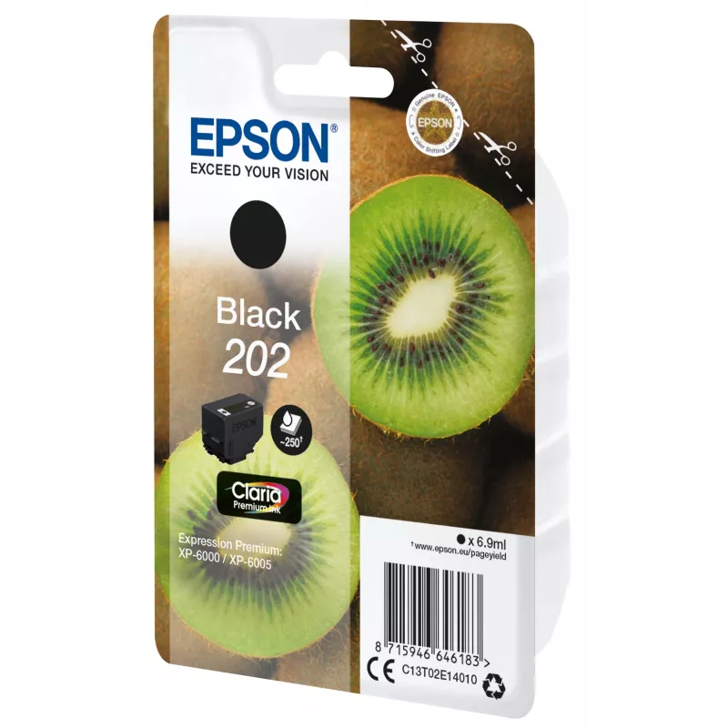 Epson Kiwi viena kasetne melna 202 Claria Premium tinte, standarta ietilpība, melna, pigmenta tinte, 6.9 ml, 1 gab., 250 lapas