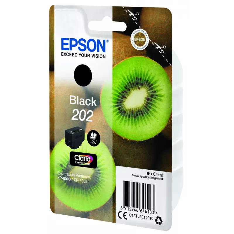 Epson Kiwi viena kasetne melna 202 Claria Premium tinte, standarta ietilpība, melna, pigmenta tinte, 6.9 ml, 1 gab., 250 lapas