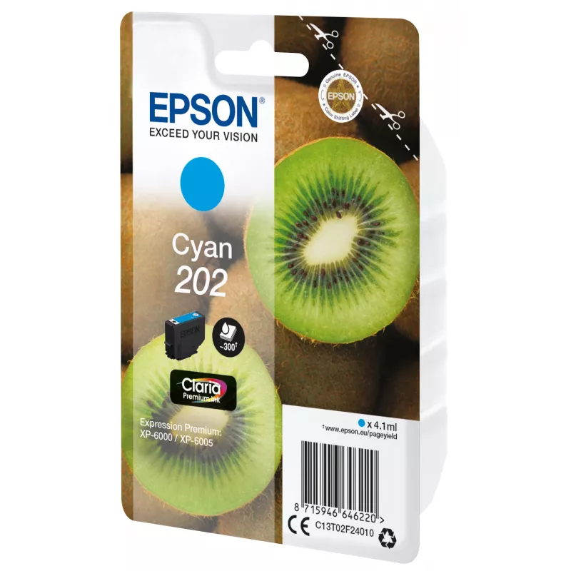 Epson Kiwi vienas krāsas ciāna kasetne 202 Claria Premium, standarta ietilpība, 4.1 ml, 1 gab., 300 lappuses