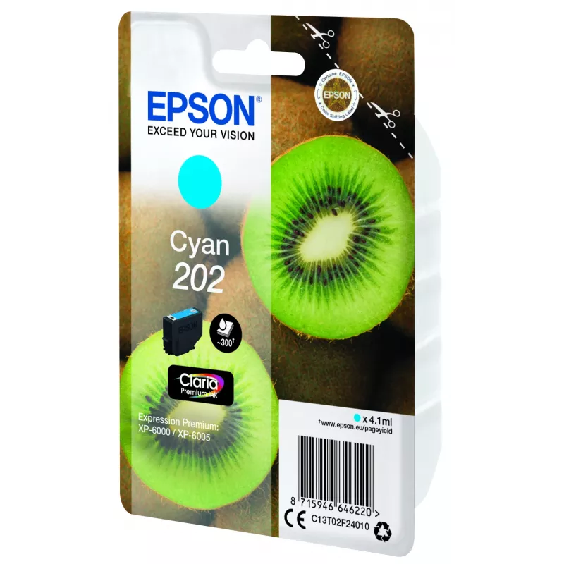 Epson Kiwi vienas krāsas ciāna kasetne 202 Claria Premium, standarta ietilpība, 4.1 ml, 1 gab., 300 lappuses