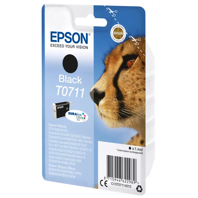Epson T0711 DURABrite Ultra melna tintes kasetne, pigmenta tinte, 7.4 ml, 1 gab., 250 lpp.