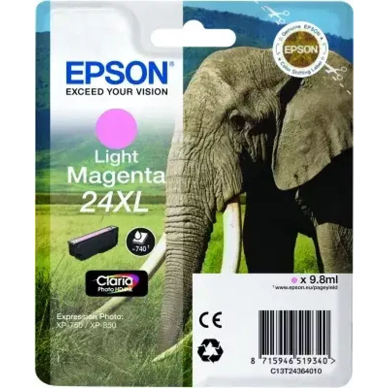 Epson Elephant Singlepack Light Magenta 24XL Claria Photo HD (viena kasetne, pigmenta bāzes, gaiši magenta)