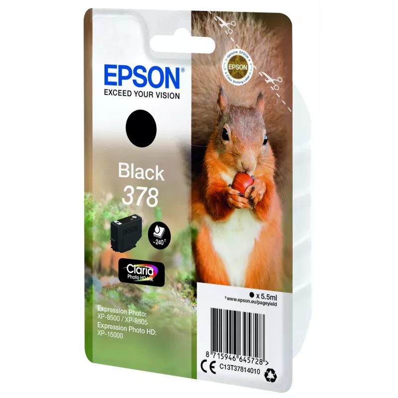 Epson Squirrel Singlepack Black 378 Claria Photo HD Tinte, Standarta ietilpība, Melna, Pigmenta tinte, 5.5 ml, 1 gab., 240 lapas