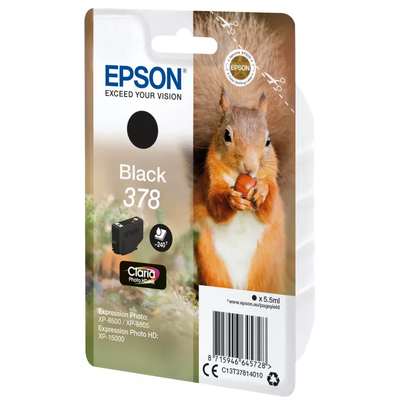 Epson Squirrel Singlepack Black 378 Claria Photo HD Tinte, Standarta ietilpība, Melna, Pigmenta tinte, 5.5 ml, 1 gab., 240 lapas