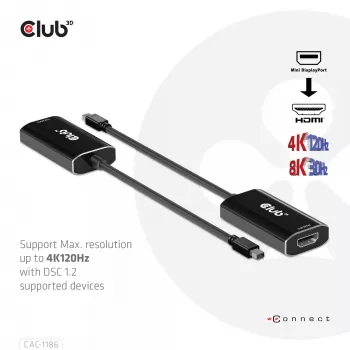 CLUB3D CAC-1186 aktīvs Mini DisplayPort 1.4 uz HDMI 4K@120Hz ar DSC 1.2 adapteris M/F