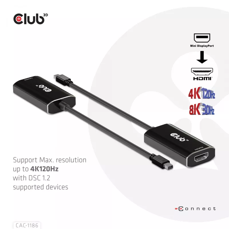 CLUB3D CAC-1186 aktīvs Mini DisplayPort 1.4 uz HDMI 4K@120Hz ar DSC 1.2 adapteris M/F