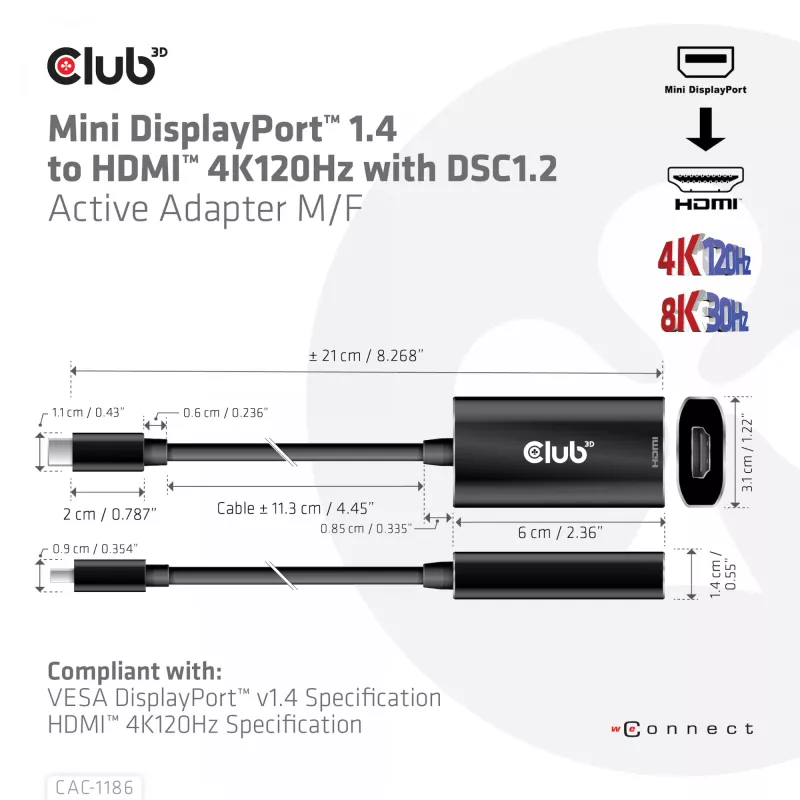 CLUB3D CAC-1186 aktīvs Mini DisplayPort 1.4 uz HDMI 4K@120Hz ar DSC 1.2 adapteris M/F