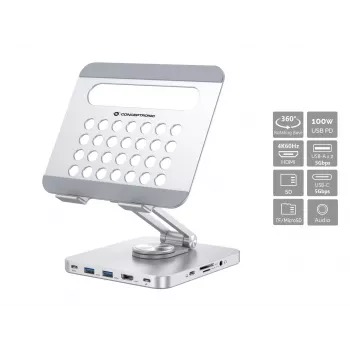 Conceptronic DONN26G statīvs planšetdatoram ar 8-in-1 dokstaciju, sudraba krāsa