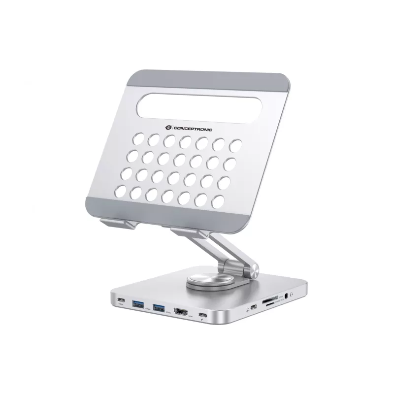 Conceptronic DONN26G statīvs planšetdatoram ar 8-in-1 dokstaciju, sudraba krāsa