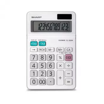 Sharp EL320WB galda kalkulators ar 12 ciparu displeju, balts