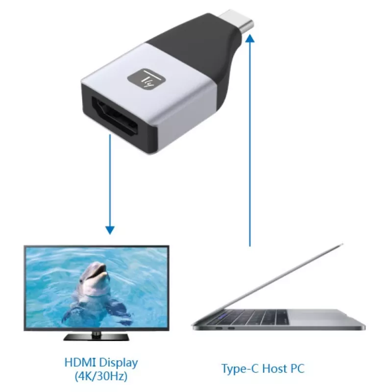 Techly IADAP-USBC-HDMI4K adapteris no USB-C uz HDMI, 24 kontaktu USB-C tēviņš – HDMI mātīte, 4K (3840 x 2160), melns un sudraba