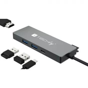 Techly IUSB32C-HUB4HPD dokstacija / portu replicētājs, vadu, USB 3.2 Gen 2 (3.1 Gen 2) Type-C, pelēks