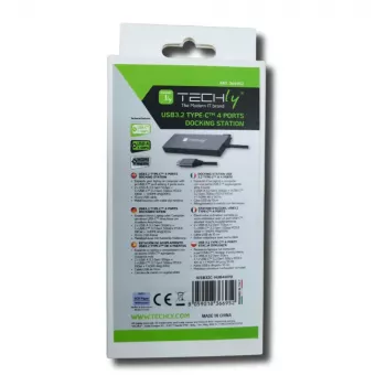 Techly IUSB32C-HUB4HPD dokstacija / portu replicētājs, vadu, USB 3.2 Gen 2 (3.1 Gen 2) Type-C, pelēks