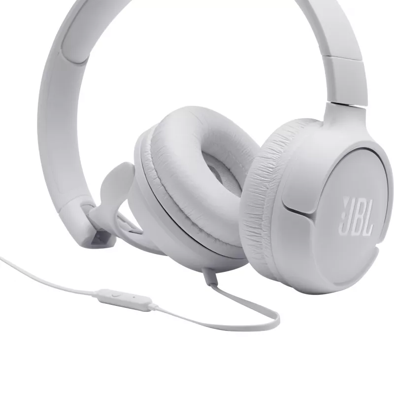 JBL Tune 500 JBLT500WHT uzliekamās austiņas, vadu, ar mikrofonu, plakans nesapinošs vads, baltas