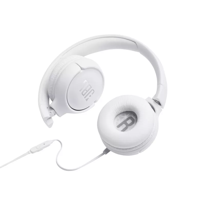 JBL Tune 500 JBLT500WHT uzliekamās austiņas, vadu, ar mikrofonu, plakans nesapinošs vads, baltas