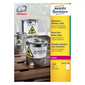 Pašlīmējošas noapaļota taisnstūra etiķetes Avery Zweckform L4775-100, pastāvīgi baltas, 210×297 mm, 100 gab.