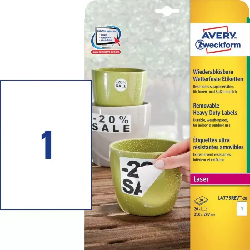Pašlīmējošā taisnstūra etiķete Avery Zweckform L4775REV-20 — balta, pastāvīga, 210×297 mm, 20 loksnes