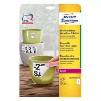 Pašlīmējošā taisnstūra etiķete Avery Zweckform L4775REV-20 — balta, pastāvīga, 210×297 mm, 20 loksnes