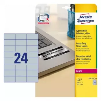 Pašlīmējošas printera etiķetes Avery L6133-20, sudraba krāsā, 24 gab./lapa, 480 gab./iepakojumā