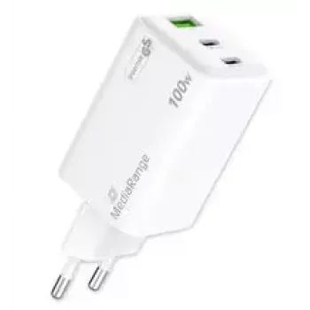 Mobilās ierīces lādētājs MediaRange MRMA123 — Iekštelpu AC ātrais lādētājs klēpjdatoram, viedtālrunim, planšetei, 100–240V, 2× USB-C, 20V max, balts