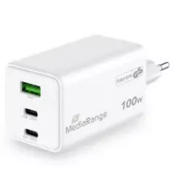 Mobilās ierīces lādētājs MediaRange MRMA123 — Iekštelpu AC ātrais lādētājs klēpjdatoram, viedtālrunim, planšetei, 100–240V, 2× USB-C, 20V max, balts