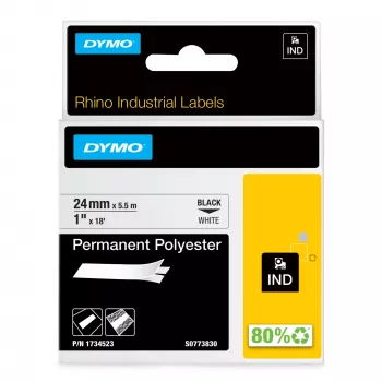 DYMO Rhino rūpnieciskās pastāvīgās poliestera etiķetes | 24 mm x 5,5 m | Melns uz balta | Pašlīmējošās | LabelManager un Rhino marķētājiem