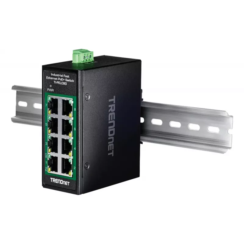 Nepārvaldāms Fast Ethernet PoE slēdzis TRENDnet TI-PELC80 — 8x 10/100 Mbps RJ-45, IEEE 802.3af/at, 48–56V DC, sienas montāža