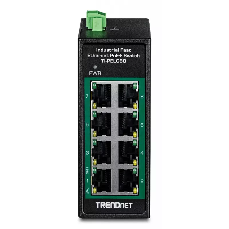 Nepārvaldāms Fast Ethernet PoE slēdzis TRENDnet TI-PELC80 — 8x 10/100 Mbps RJ-45, IEEE 802.3af/at, 48–56V DC, sienas montāža