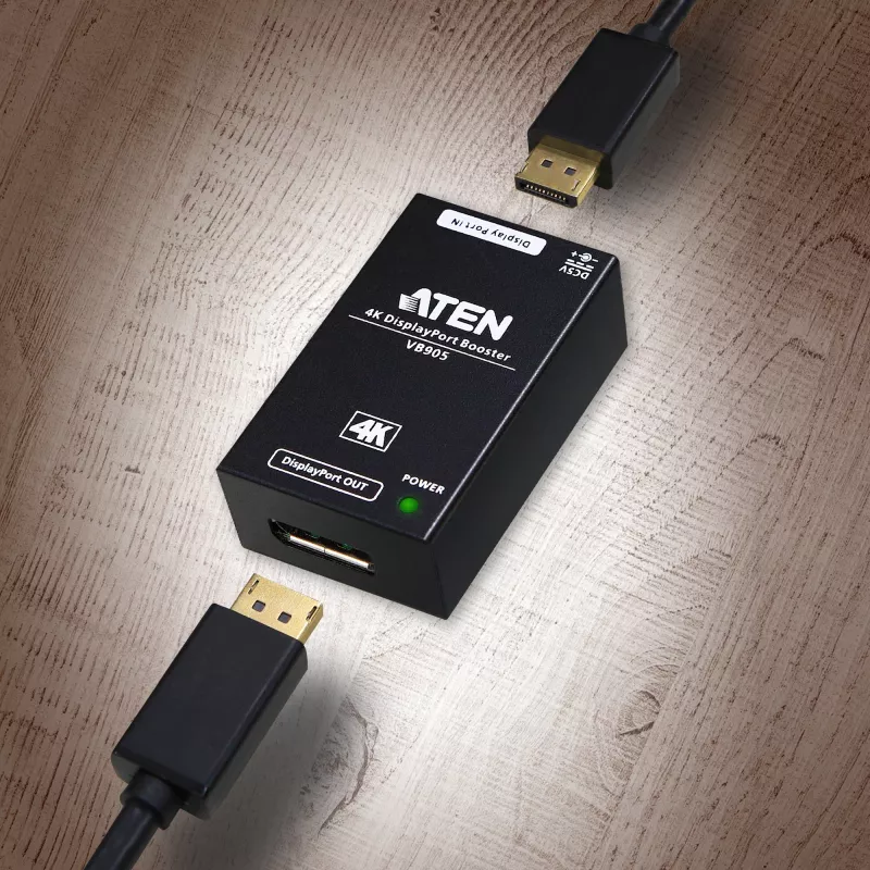 AV retranslators ATEN 4K Display Port Booster VB905-AT-G — 4K (4096×2160), vadu, 20 m darbības rādiuss, 5 V/2,6 A, melns