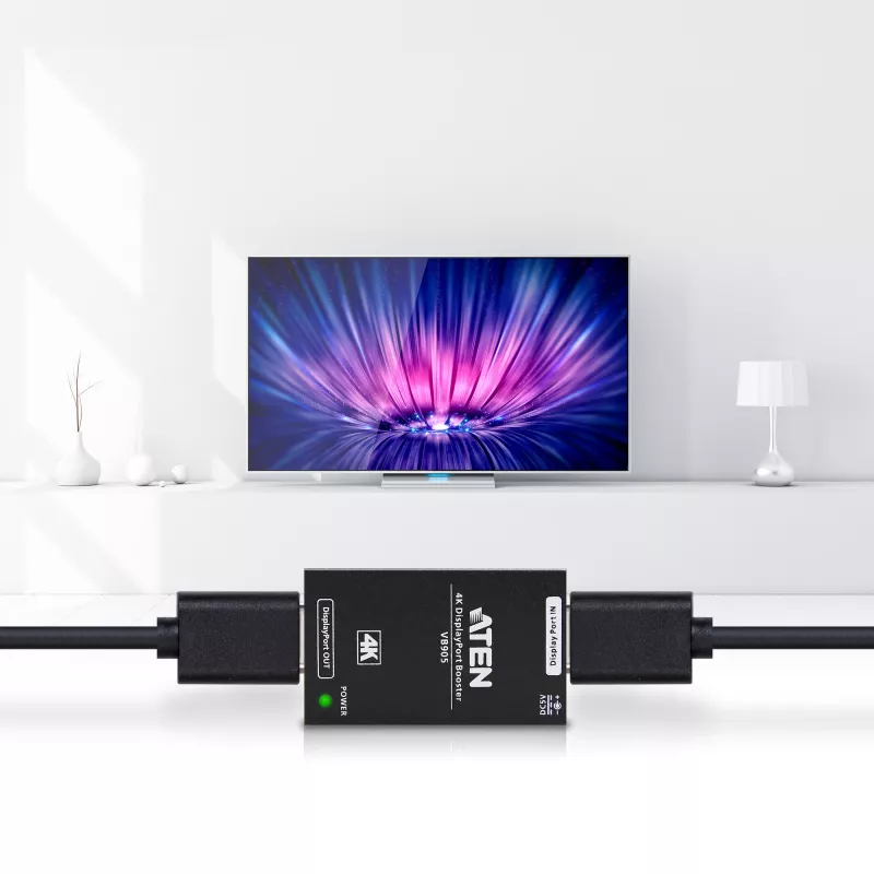 AV retranslators ATEN 4K Display Port Booster VB905-AT-G — 4K (4096×2160), vadu, 20 m darbības rādiuss, 5 V/2,6 A, melns