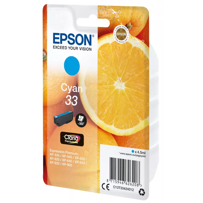 Epson Oranges Singlepack Cyan 33 Claria Premium Ink — ciāna tintes kasetne, 4.5 ml, 1 gab., 300 lpp.