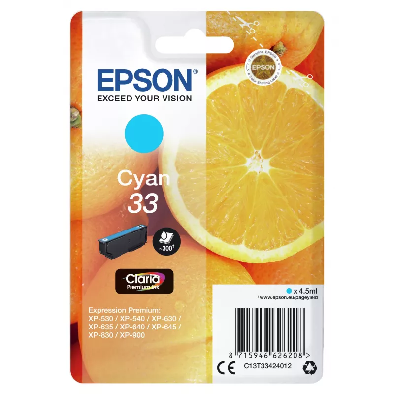 Epson Oranges Singlepack Cyan 33 Claria Premium Ink — ciāna tintes kasetne, 4.5 ml, 1 gab., 300 lpp.