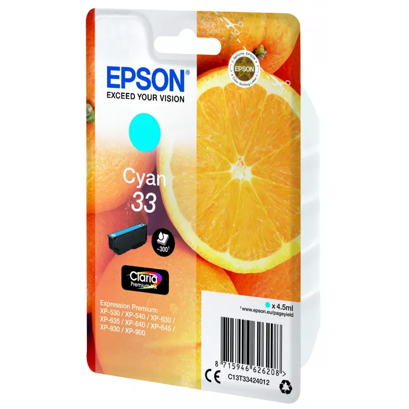 Epson Oranges Singlepack Cyan 33 Claria Premium Ink — ciāna tintes kasetne, 4.5 ml, 1 gab., 300 lpp.