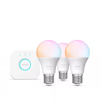 Philips Hue White un krāsu atmosfēras Essential viedais apgaismojuma komplekts — 3× E27 spuldzes, 806 lm, 8 W, Bluetooth/Zigbee