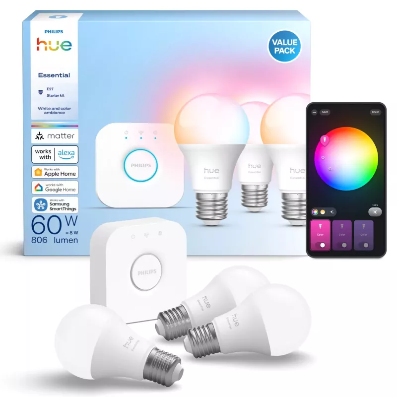 Philips Hue White un krāsu atmosfēras Essential viedais apgaismojuma komplekts — 3× E27 spuldzes, 806 lm, 8 W, Bluetooth/Zigbee