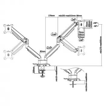 InLine galda stiprinājums ar pacēlāju un USB/Audio, 2 monitoriem līdz 81cm (32 collas) 9kg, sudrabs