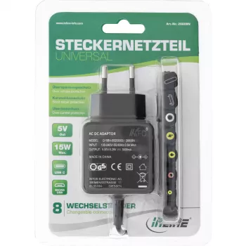 InLine universāls barošanas bloks, 5V / 15W, ar 8 maināmiem spraudņiem, Micro-USB, USB-C