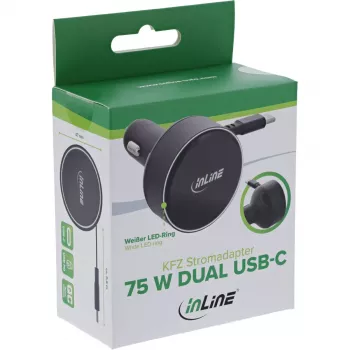 InLine 31502R auto lādētājs melns ar USB-C kabeli un portu, ātrā uzlāde