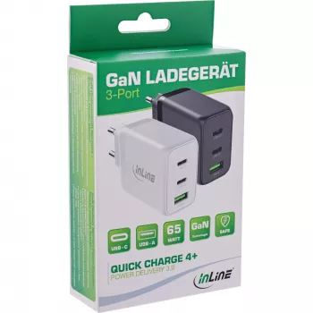 InLine 31506E iekštelpu lādētājs — universāls ātrlādētājs, 100–240V, līdz 20V/5A, 1x USB-A, 2x USB-C, balts