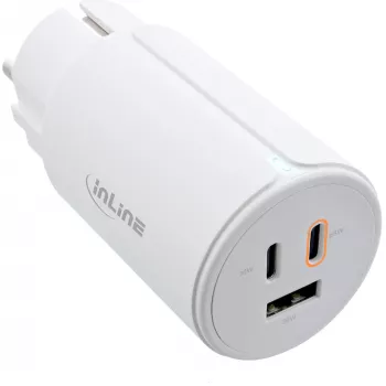 InLine USB PD lādētājs, GaN lādētājs, 3 porti, Dual USB-C + USB-A, 65W, balts